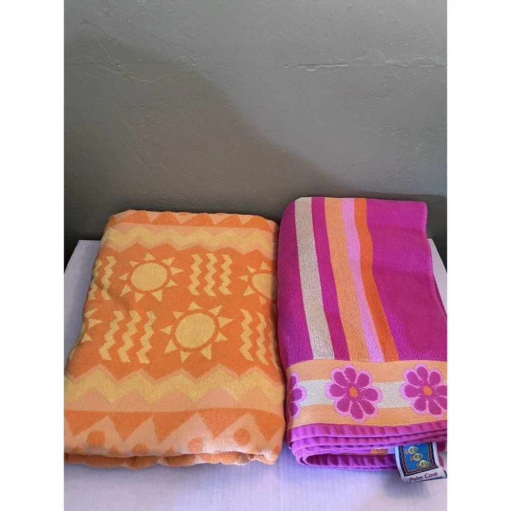 Two VTG Palm Cove Sun Beach Towels Sun Orange Floral Pink Beachtowel 100% cotton